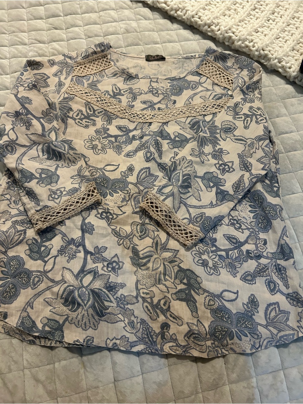 LOLA Made in Italy Blue Floral Tunic with Cream Crochet Trim